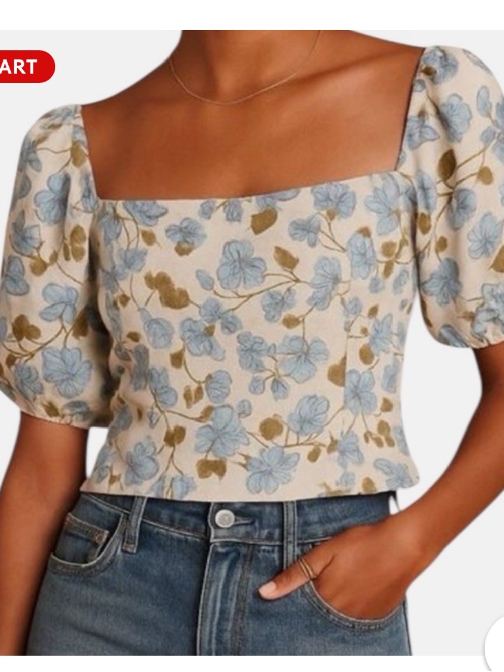 Linen Floral Square-Neck Puff Sleeve Cropped Top